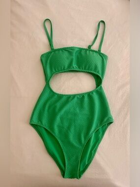 AERIE Jacquard Cut Out Strapless One Piece Swimsuit Green Dazzle Size S